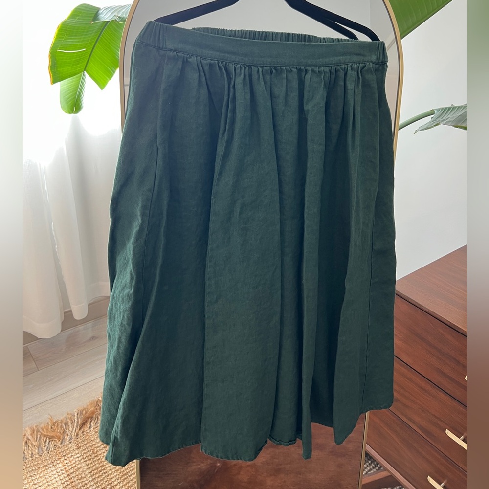 French Meadows Evergreen Green Linen Midi Skirt